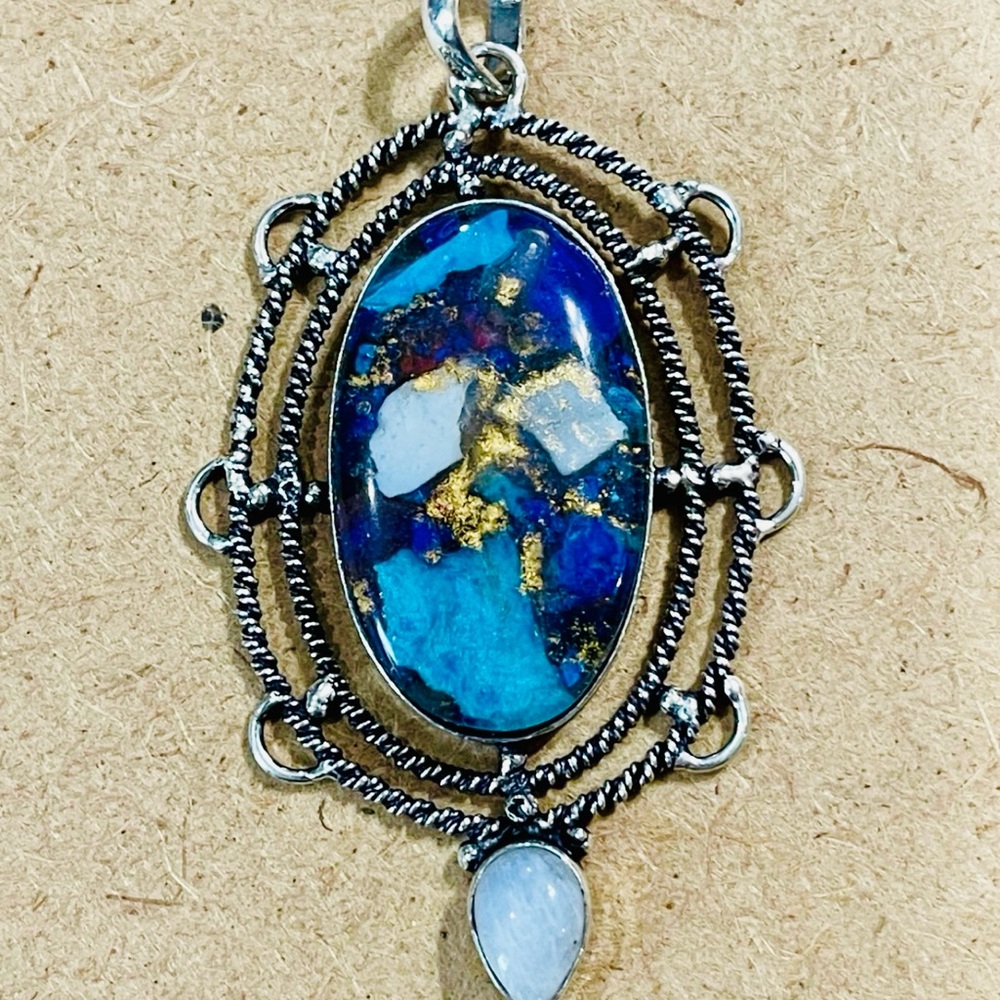 Dichroic Glass/Moonstone Pendant Necklace - 925 Plated/Stamped